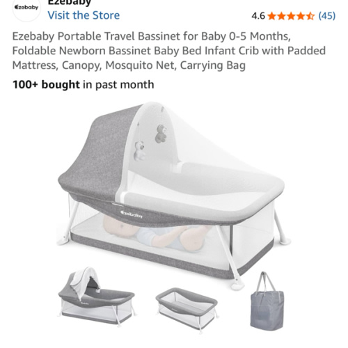 Ezebaby Portable Travel Bassinet for Baby 0-5 Months, Foldable Newborn Bassinet Baby Bed Infant Crib with Padded Mattress, Canopy, Mosquito Net, Carrying Bag