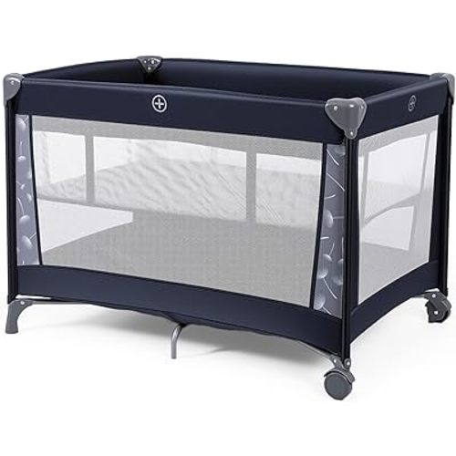 UBRAVOO Pack and Play with Bassinet, Portable Crib for Baby, Lightweight Foldable Travel Playard with Mattress & Carry Bag for Toddlers 1-3 (Dark Blue - Feather)