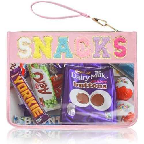 Clear Zipper Pouch for Travel Snacks Bag Nylon Clear Cosmetic Bag Makeup Travel Bag for Women with Glitter Patch Letters (Pink-Snacks)