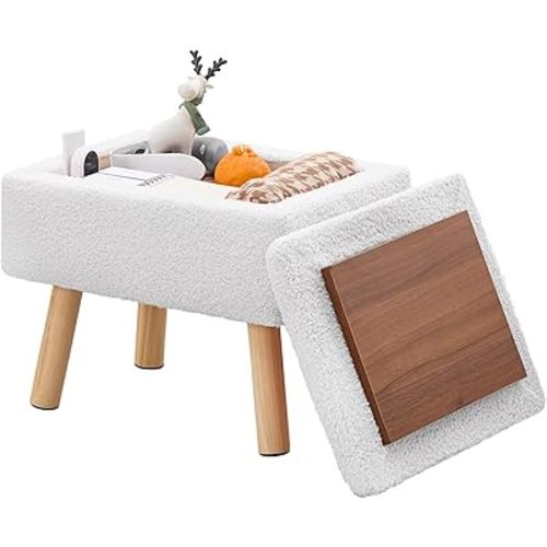 Wimarsbon Ottoman,Modern Footrest with Soft Padded Seat,Teddy Velvet Foot Stool with Wood Legs,Small Square Pouf for Living Room，Bedroom and Office (White-Storage)