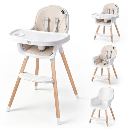 BABY JOY High Chair, Convertible Wooden High Chairs for Babies and Toddlers | Adjustable Legs, Removable Double Tray, 5-Point Safety Harness & Waterproof PU Cushion, Baby Highchair for 6-36 Months