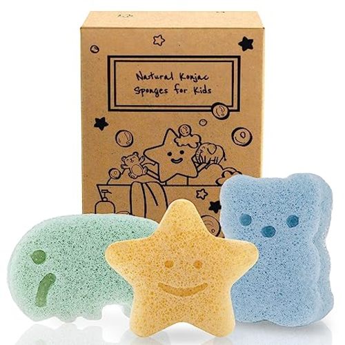 myHomeBody Konjac Baby Sponge for Bathing, Cute Shapes Natural Kids Bath loofah for Infants, Toddler, Newborns, Safe Plant-Based, 3pc. Set: Elephant, Bear & Star