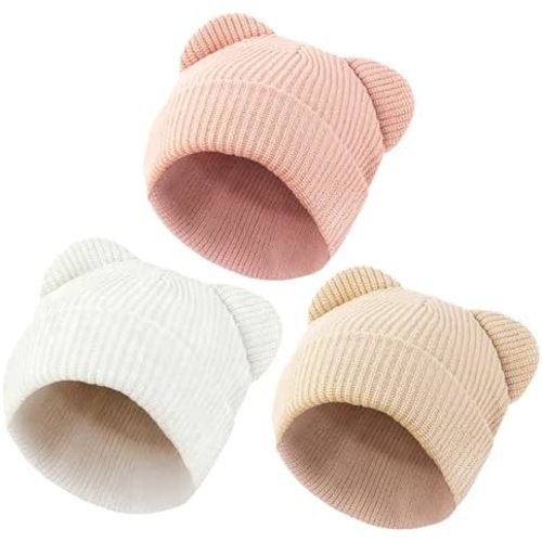 Baby Beanie Cute Toddler Winter Hat 3 Pack Soft Double Layers Knit Warm Cap for Infant Girls Boys Kids 0-8 Years