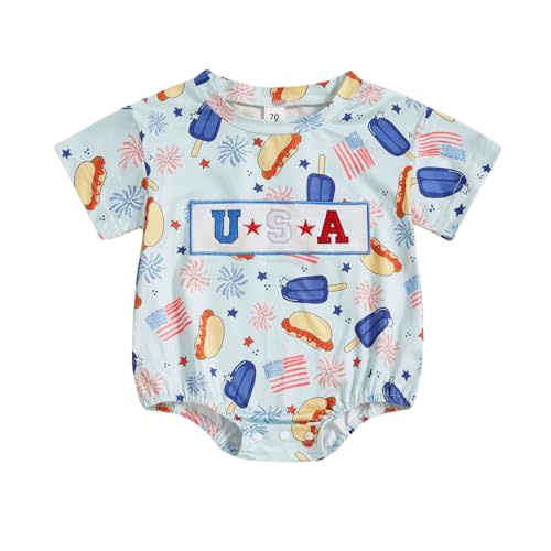 Madjtlqy Baby Boy Girl 4th of July Outfit Letter Print Short Sleeve Oversized Bubble Romper Cute Infant patriotic clothes