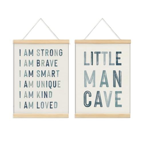 ULEGIE Boy Nursery Decor Posters Framed with Wood Hanger, Little Man Cave Sign for Boys Kids, Boys Room Decor, Toddler Room Decor, Art Prints for Nursery Playroom Bedroom, 2 Pack 12 x 16 Inches-Blue