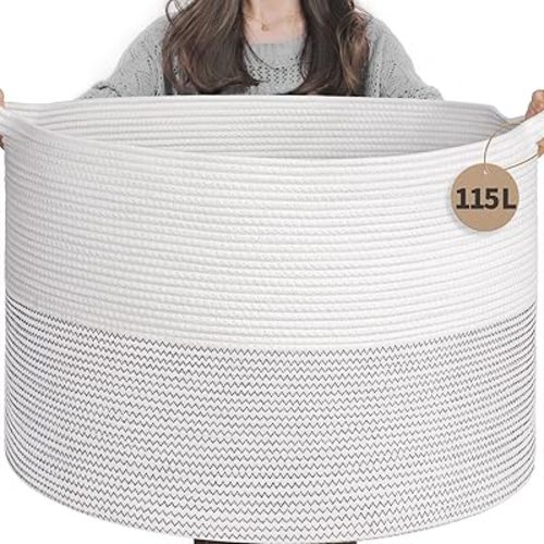 INDRESSME 115L Extra Large Blanket Basket, Cotton Rope Toy Baskets Storage Kids Toy Bin for Playroom Decor Woven Baby Laundry Basket for Organizing, Black Stitch