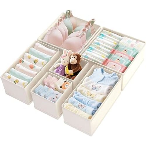 Drawer Organizer Clothes 6 Pack, Dresser Closet Organizers For Baby Clothes Underwear, Sock Beige