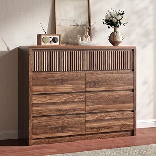 Fluted 9 Drawer Dresser for Bedroom, 50” Wide Modern Dresser & Chest of Drawers with Curved Profile Design, Wood Mid Century Dressers for Bedroom, Living Room, Walnut