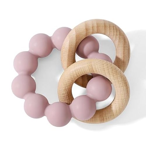Baby Teething Toys for 0-6 6-12 Months- BPA-Free Food-Grade Silicone & Natural Beech Wood Teether Ring for Newborn Infants Teething Relief- Easy-Grip Sensory Rattle Toys(Dusty Lilac)