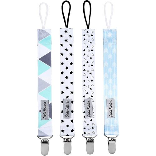 Dodo Babies Pacifier Clip Set - Four Clips Plus Binky Case - Universal Holder Fits Most Paci Brands, Teether Toys and Car Seats - Blue and White Prints for Girls or Boys - Pacifier Holder
