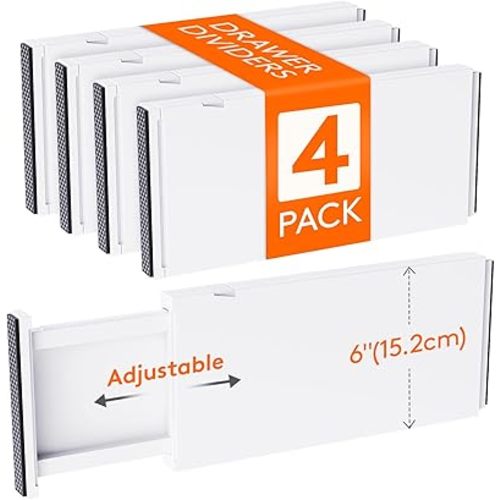 Lifewit 4 Pack 6" High Drawer Dividers 34-56cm/13.5-22" Adjustable Drawer Organizer for Clothes/Utensils, Expandable Drawer Separator in Dresser/Kitchen/Bedroom/Office Organization & Storage White