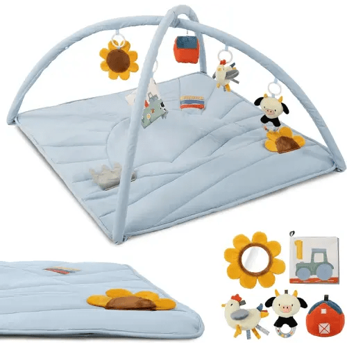 Beautiful Baby Play Gym and Tummy Time Mat - Soft Mat with 5 Farm Toys Creates The Perfect Activity Area for Your Girl/Boy - Stylish Infant Floor Playmat Fits Nicely with Any Playroom Decor