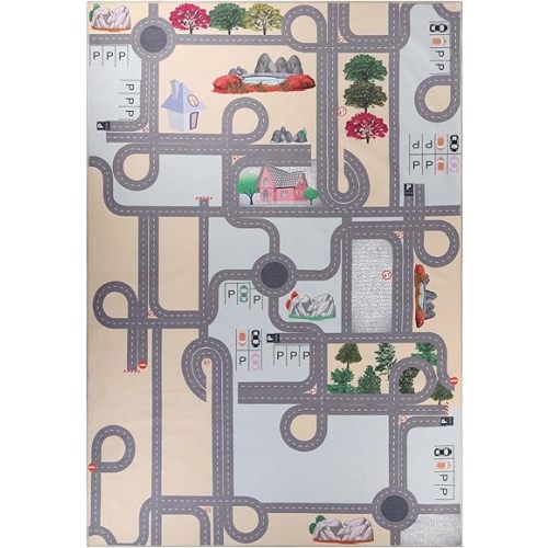 Superior Country Road Non-Slip Indoor Rug for Kids, Toddlers & Babies, Washable, Perfect for Playroom, Kids Room, Nursery, or Bedroom, Interactive Road, Streets, Buildings and Trees, 4' x 6', Cream