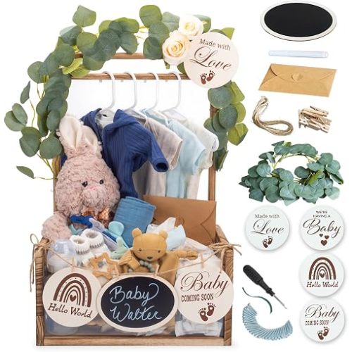 Wooden Baby Shower Crate Closet with Clear Acrylic Front - Customizable Wooden Crate Box with Dual Rod System, Easy Assembly Baby Baskets and Gift Display for Baby Shower (Burnt Wood)