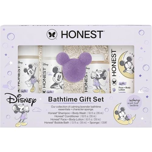 The Honest Company Calm Lavender Bathtime Gift Set, Disney Design, Hypoallergenic Bath for Sensitive Baby Skin, Shampoo Body Wash Face Lotion Bubble Conditioner Sponge