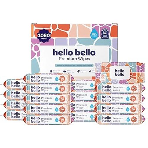Hello Bello Premium Wipes, Designed for Sensitive Skin with Chamomile & Aloe Extracts, Flower Pop (18 Resealable Packets = 1080 Total Wipes)