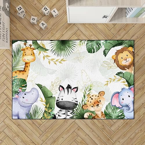 Jungle Safari Animals Area Rugs Kids Toddler Nursery Bedroom Animals Leaves Floor Carpet Throw Lion Giraffe Elephant Door Mat for Kitchen Bathroom Living Room Classroom Playroom 48x72in