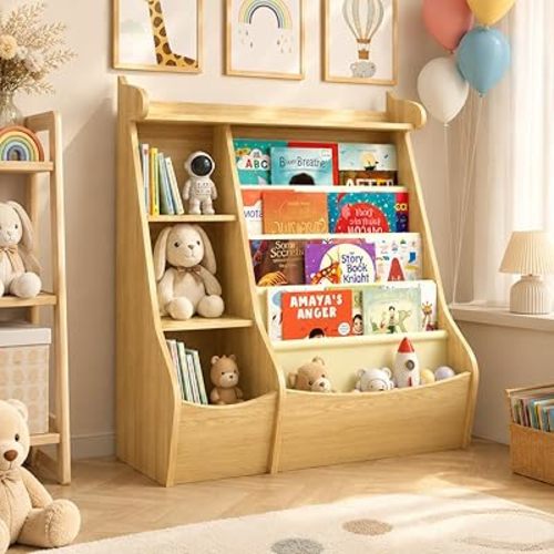 Montessori Kids Bookshelf, Front-Facing Book Display Shelf for Independent Reading, Large Storage Bookcase and Toy Organizer with Anti-Tip Device,Best Gift for Boys & Girls Ages 3-8,Nature