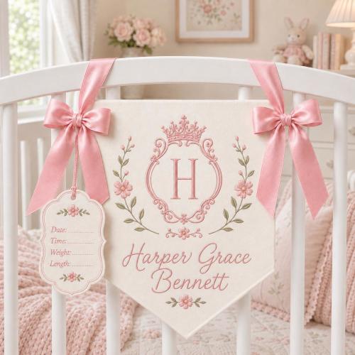 Personalized Baby Girl Crib Banner, Embroidered Crown Monogram Name Sign with Birth Stats Tag, Pink Floral Nursery Decor, Newborn Gift