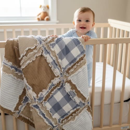 Country Plaid Crib Size Rag Quilt for Sale | Cozy Baby Gift | Boy, Girl, Gender Neutral Blanket | Custom Baby Bedding in Tan, Pastel Blue