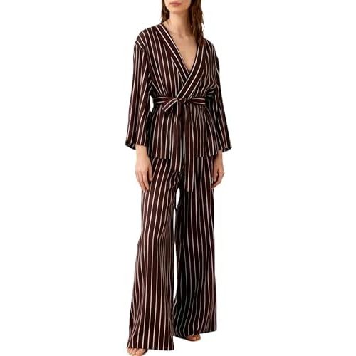 Lentta Womens Pajamas Sets Wrap Belted V-Neck Tops Wide Leg Pants Casual Pjs Striped 2 Piece Sleepwear Set