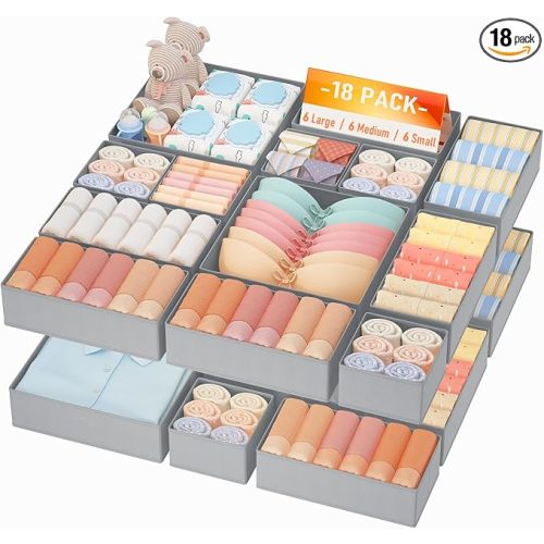 DIMJ Drawer Organizer Clothes Storage - 18 Pack Baby Dresser Organizer for Nursery, Foldable Closet Drawer Organizer Bins for Bedroom Organization, Fabric Storage Dividers for Socks, Underwears, Bras