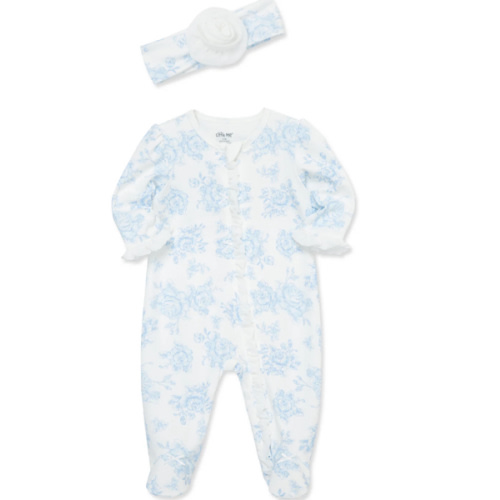 Blue Roses 2-Way-Zip Footed One-Piece And Headband