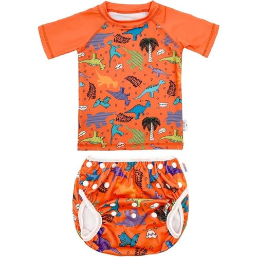 ALVABABY Baby Boy Swimsuit, 2-Piece Infant Toddler Bathing Short Sleeve Swimwear, Small Baby Reusable Swim Diaper with Matching Top