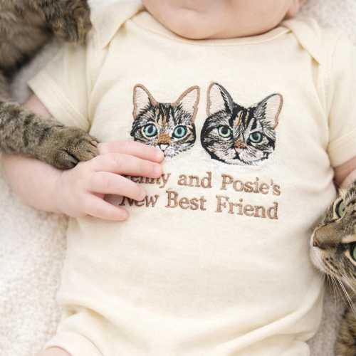 Cat New Best Friend Embroidered Baby Onesie - Custom Cat Portrait From Photo Bodysuit - Personalized Cat Lover or Baby Showers Gift