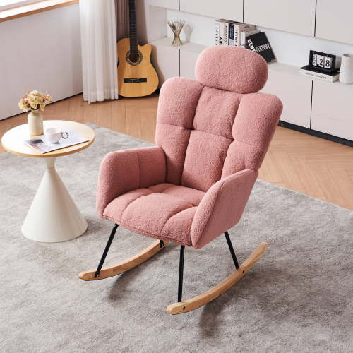 Holaki Rocking Chair Nursery, Modern Rocking Chair with High Backrest, Pink