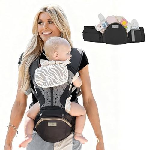 MOMTORY StowNGO Pro Safety-Certified Ultra Storage Baby Carrier, Pure Black | Plus Size Friendly, 6 Carry Positions, Front & Back, Baby Carrier With Hipseat, Fits 7-50lbs Newborn To Toddler