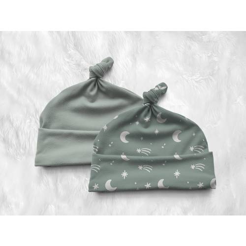 Knotted Baby Beanie: Moon + Stars Print, Sage Green
