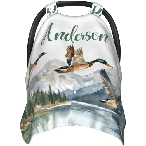 Personalized Baby Car Seat Canopy for Babies, Custom Name Baby Car Seats Cover for Boys Girls, Mallard Duck Opening Minky Nursing Breastfeeding Covers for Infant, Carseat Canopies for Newborn