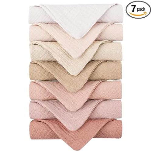 Konssy Baby Muslin Washcloths 7-Pack, 100% Cotton Baby Bath Washcloths, Soft & Absorbent Wash Cloths and Burp Cloths for Newborn Kids Girls & Boys, 11x11 inches