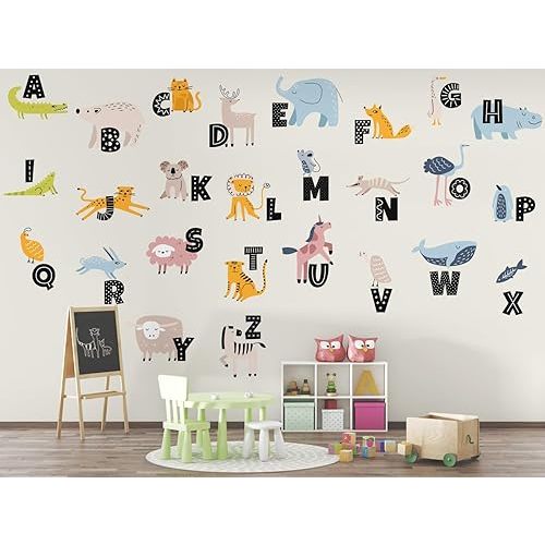 Animal Alphabet Wall Decal for Kids – Large ABC Chart Stickers Banner for Toddler – Educational Letters Wall Decals for Bedroom – Teacher Classroom Decoration Learning Preschool