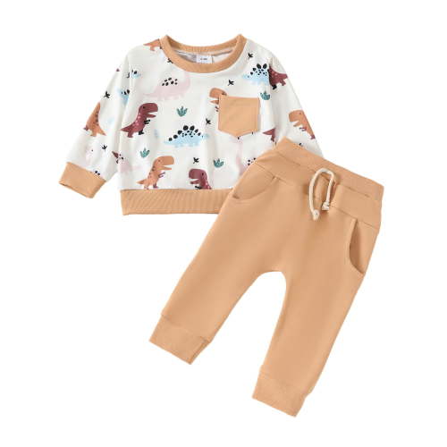 HCNTES Toddler Baby Girl Boy Outfit Long Sleeve Sweatshirt Top Pants Set, 3-6 Months Beige