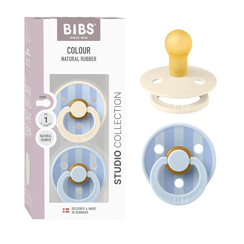BIBS Colour Pacifier, 0-6 Months, 2-Pack, Round, Block Baby Blue Dusty Blue | Natural Rubber | Size 1 | BPA-Free | Made in Denmark | High Nipple Acceptance | Airflow Holes | Comfort Shield