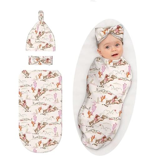 Western Baby Stuff Swaddle Blanket with Headband and Beanie Set, Western Style Sleep Sacks Infant Shower Gift for Boys Girls