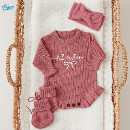 Embroidered Little Sister Baby Romper Set, Cute Newborn Bodysuit For Girl, Pregnancy Reveal Of Girls Gift, Lil Sister With Bow Infant Outfit