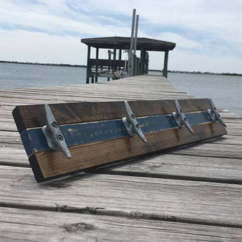 Nautical Boat Cleat Rack: Walnut & Distressed Blue, Towel/Coat/Hat Rack