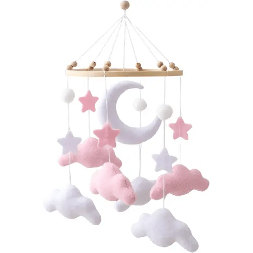 Gray Pink White Cloud Moon Themed Nursery Mobile,Crib Mobile for Baby Boys Girls,Handmade Baby Mobile,Adjustable Cotton Felt Soft Ceiling Mobile,Baby Shower Gifts for New Moms (Pink)