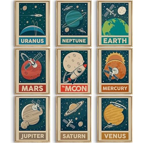 9pcs Retro Solar System Wall Art Nursery Space Pictures Retrospace Galaxy Wall Decor Outer Space Paintings Prints Sci-Fi Planet Posters for Boys Girls Kids Bedroom Living 8x10in Unframed