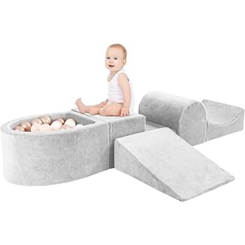 HOFISH 5-Piece Foam Playset for Toddler Children, Playset Designed Easy to Clean or Install, Children Indoor Active Climbing Crawling and Playing -(Balls NOT Included) (Light Gray, 5PCS)