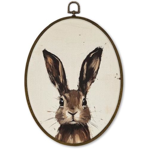 cvjutf Vintage Bunny Easter Wall Art Decor Framed, Retro Rustic Bunny Cottagecore Oval Wall Decor Decorations, Farmhouse Neutral Rabbit Spring Canvas Prints Art for Baby Room Nursery Bedroom, 8.7x11.3In