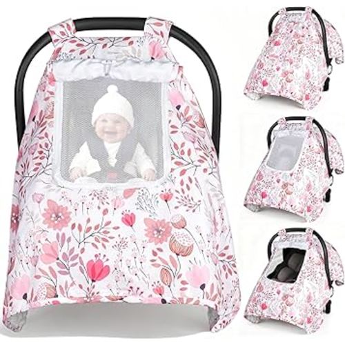 Car Seat Cover Baby, Carseat Covers Baby with 2 Layers Breathable Zipper Windows, Windproof Infant Car Seat Cover, Kick-Proof Baby Carrier Cover for Baby Girl Newborn Essentials