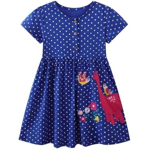 FreeLu Girls Cartoon Appliques Dress Cotton Summer Short Sleeve Dresses Casual Jersey Skirt