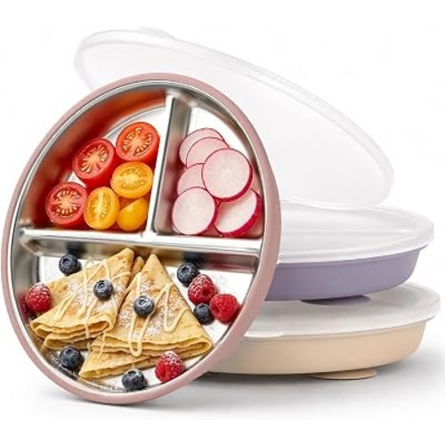 Bakpoco Stainless Steel Suction Kids Plates with Lids, DEEP 9" Divided Family Table Plate for 2Y-8Y+ Toddlers & Preschooler, Bigger Portions Transition, 3-Pack
