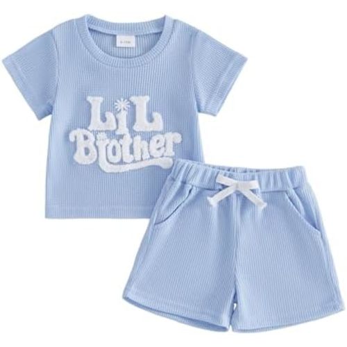 Toddler Baby Sister Brother Matching Outfit Big Sister&Lil Brother Embroidery Waffle Knit Top+Short 2pcs Summer Set