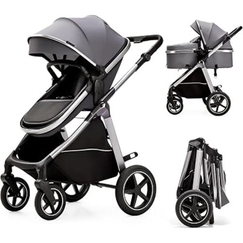 2-in-1 Convertible Baby Stroller, Newborn to Toddler 0-36M, Reversible Fully Reclining Seat, One-Hand Fold, All-Wheel Spring Suspension, 5-Point Safety Harness, Gray