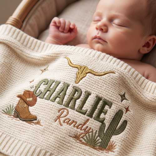 Personalized Western Baby Blanket Name, Custom Embroidered Longhorn Skull Cactus Baby Shower Gift, Welcome Baby Blanket, Keepsake Newborn